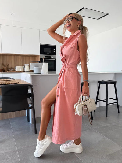 Layla™ – Sleeveless Belted Shirt Dress